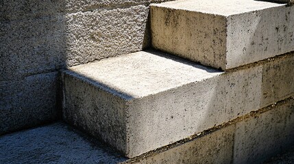 23.A sharp corner of a concrete block retaining wall, highlighting the precision of the stacked blocks and the rough, textured surface, with the shadows accentuating the geometric lines of the