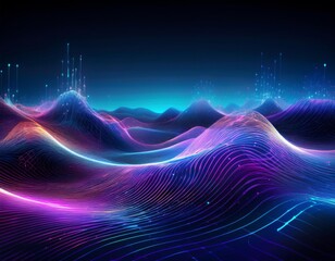 Futuristic digital landscape with glowing blue and purple nodes forming wave-like patterns