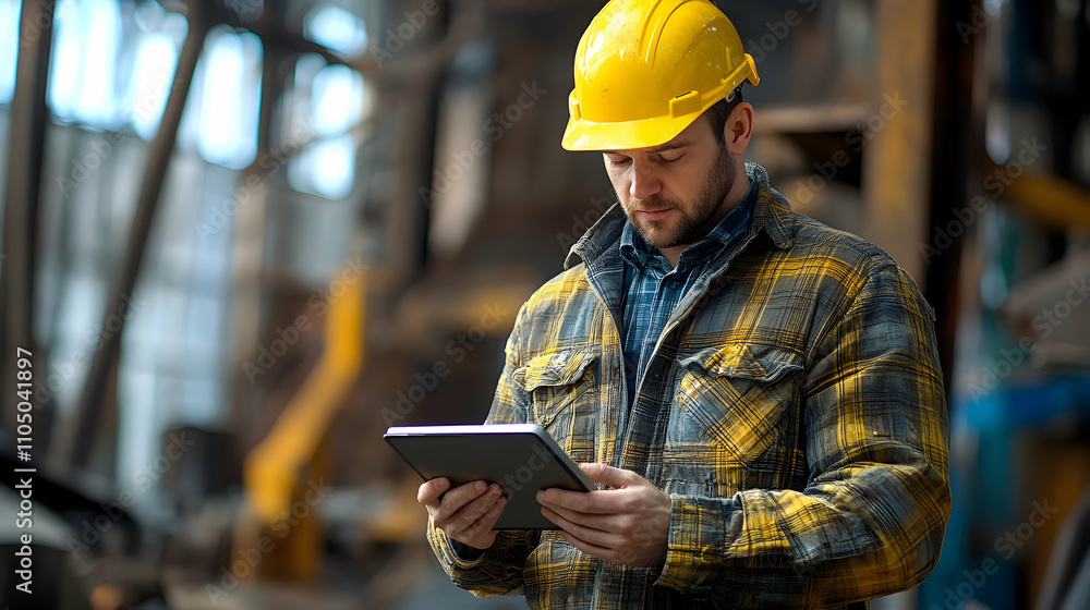 Poster industrial worker reviewing data on tablet in factory setting