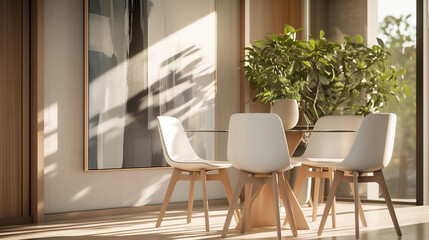 Scandinavian-style meeting space with a glass-top table, white chairs, and abstract art.