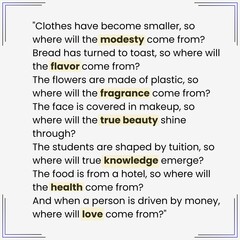 A pixel design explains that in a world full of superficiality and artificiality, true values like modesty, flavor, beauty, knowledge, health, and love become rare and hard to find.