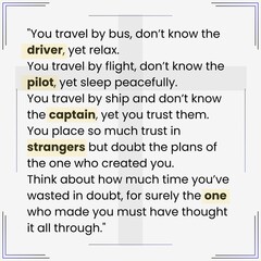 A pixel design explaining how we trust strangers—on buses, planes, and ships—but often doubt the plans of our creator. Reflect on the time wasted in doubt; trust the one who created you.