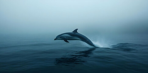 Obraz premium A dolphin leaps gracefully from the water in a misty, serene ocean landscape.