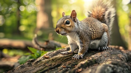 Obraz premium Squirrel on an old log with blurred forest background, AI generated image