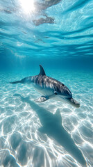 Obraz premium A dolphin swimming gracefully in clear, turquoise water, showcasing marine beauty.