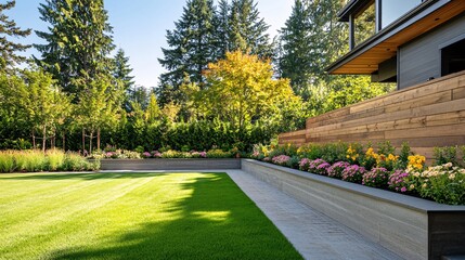 Obraz premium 72.A spacious backyard with a large wooden wall forming part of the house exterior, providing privacy and contrast against the surrounding greenery, with neatly arranged flower beds adding color to