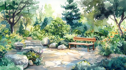 Obraz premium A watercolor painting of a garden with a wooden bench, rocks, and a stone path.