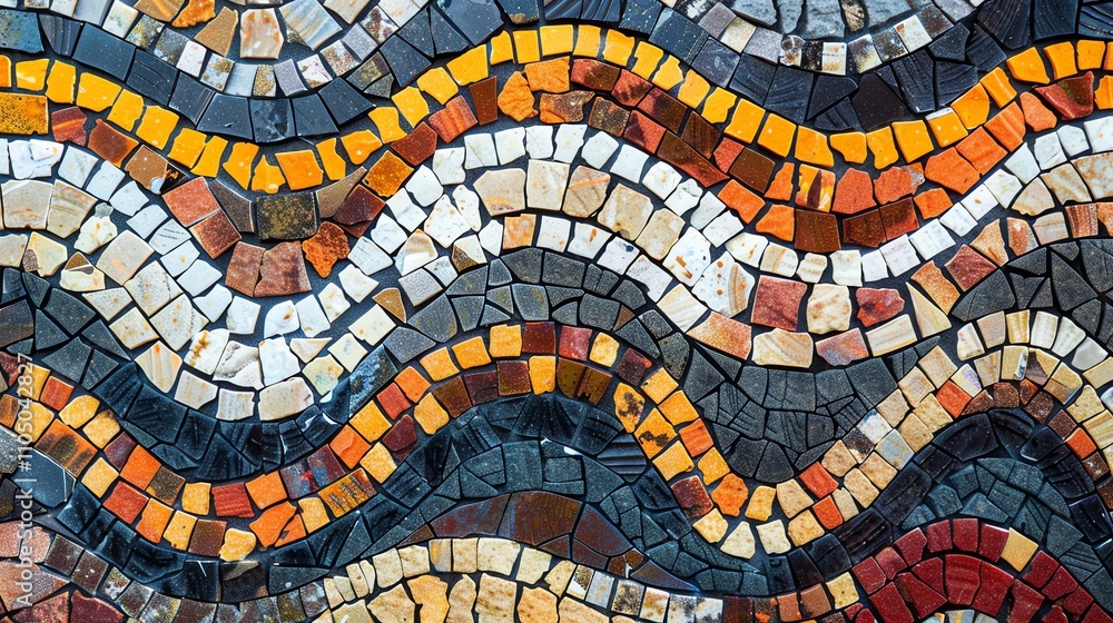 Poster a colorful mosaic of various stone and ceramic tiles in a wavy pattern.
