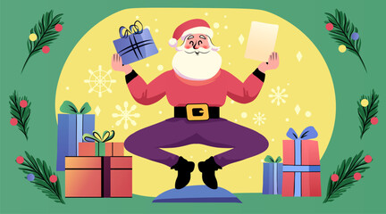 Santa Claus meditating Christmas gifts holiday theme. Santa levitating holding present and letter surrounded by snowflakes and wrapped boxes. Festive background