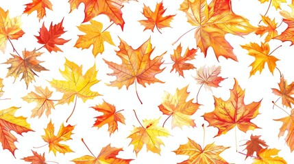 Obraz premium A seamless pattern of watercolor-painted autumn leaves in shades of yellow, orange, and red.
