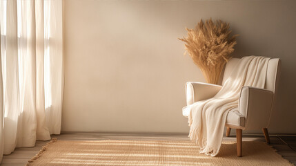 Cozy lounge area with a beige armchair and elegant dried flowers.
