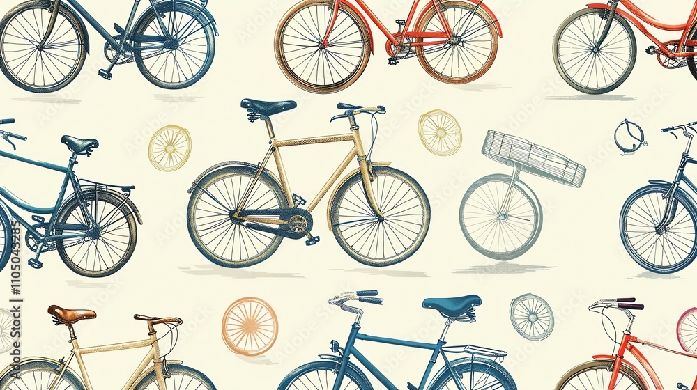 Poster a seamless pattern of bicycles in various colors on a cream background.
