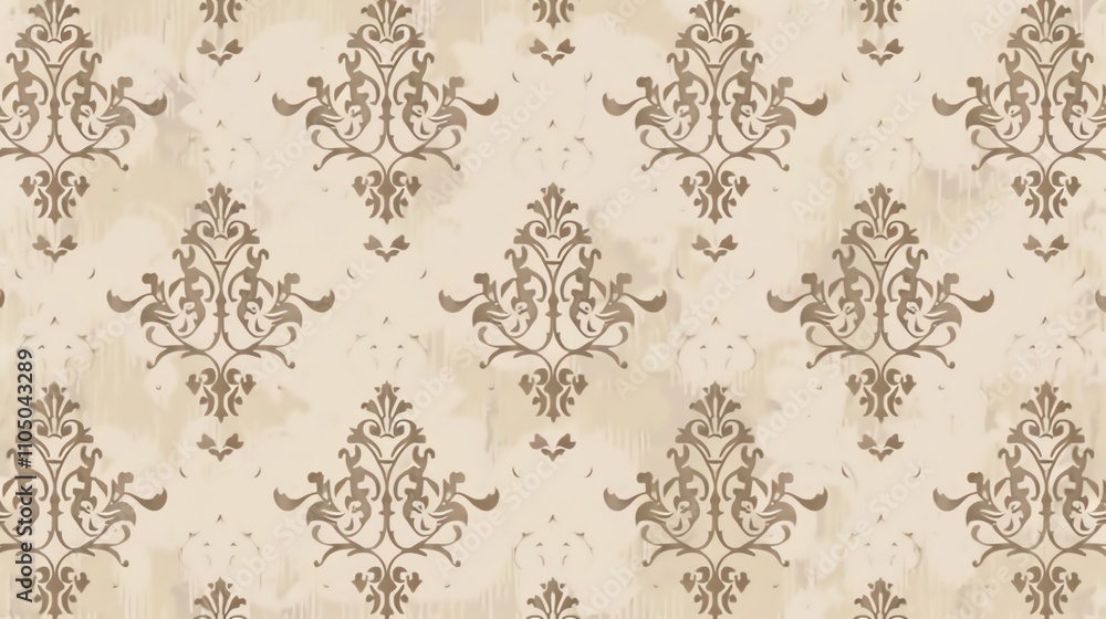 Poster a seamless pattern of an ornate, damask design in brown on a cream background with a distressed effe