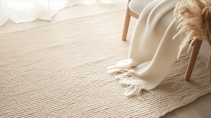 Minimalist Scandinavian decor with a beige knitted carpet and beige blanket on an armchair.