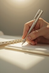 Close up Hand Writing in Spiral Notebook with Silver Pen