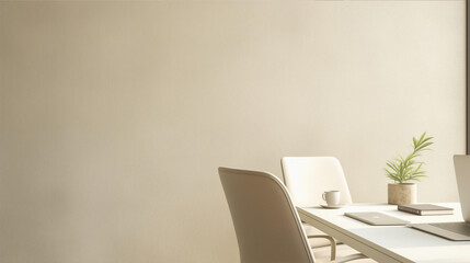 Modern workspace with a light white table, white chairs, and beige textured wallpaper with space for text
