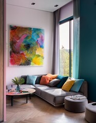 Interior of modern living room with pink and blue walls, concrete floor, comfortable pink armchair and poster. 3d rendering