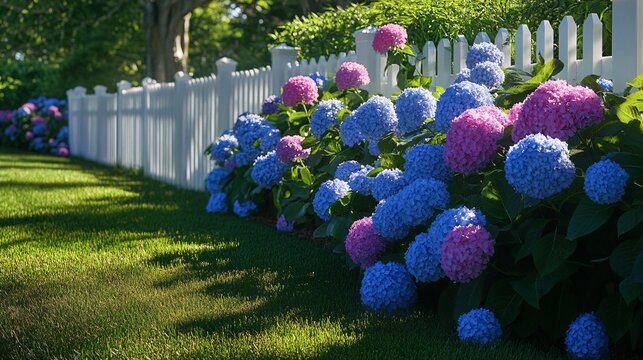 29.A sunlit summer scene of a Cape Cod garden, where large hydrangea bushes with vibrant blue and pink flowers overflow against a classic white fence, with shadows from the fence and flowers falling