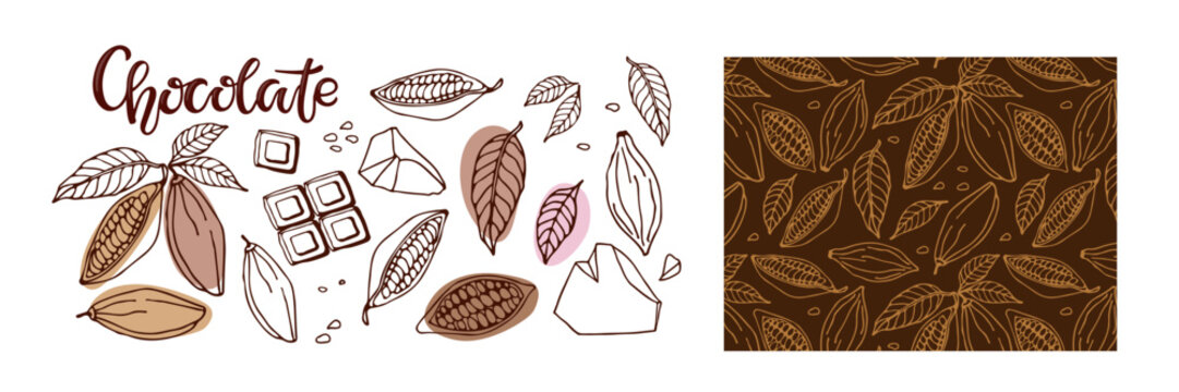 Chocolate set. Cocoa beans, chocolate pieces, brown seamless background. Doodle Outline vector illustrations. Chocolate handwritten lettering logo, cocoa bean and ingredients for chocolate.