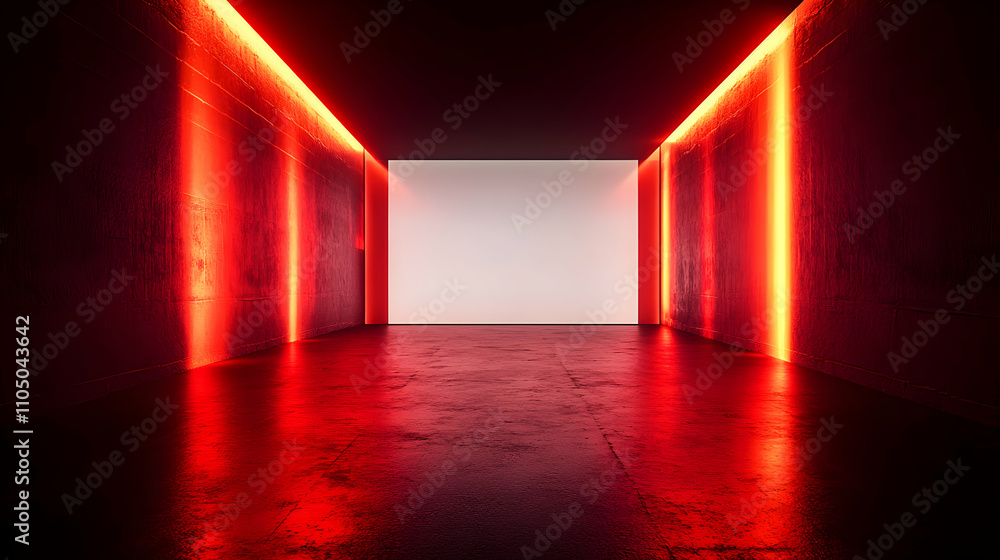 Poster red neon corridor, abstract background with glowing walls and empty space