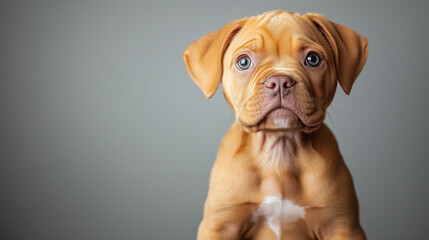 A cute brown Dogue de Bordeaux puppy sitting in a white studio background