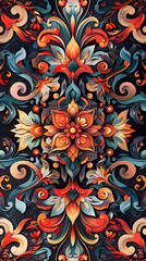 A detailed artwork showcasing a blend of ornate patterns, colorful abstract shapes, and bright tones, designed with dynamic and rich style elements. 8k UHD, suitable for high-quality printing 