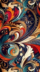 A detailed artwork showcasing a blend of ornate patterns, colorful abstract shapes, and bright tones, designed with dynamic and rich style elements. 8k UHD, suitable for high-quality printing 