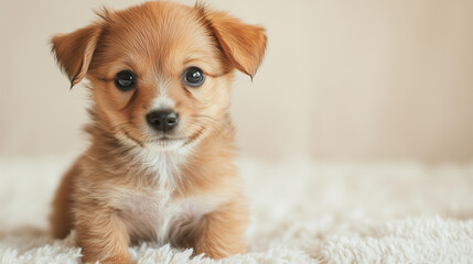 Adorable small puppy look at the camera and sitting on white floor