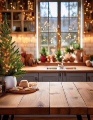 Empty wooden table in modern kitchen with Christmas tree in the background.