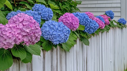 30.Hydrangeas in various shades of blue and pink growing along a whitewashed fence in Cape Cod, their full blooms standing out against the bright sky, with hints of a coastal home and garden in the