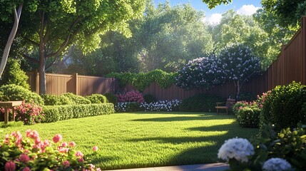 83.A vibrant garden scene showing a spacious backyard with a wooden fence enclosing the area, surrounded by dense hedges, trees, and flowering bushes. The green grass lawn stretches out to a patio