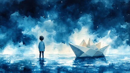Dreamy watercolor art of a boy beside a paper ship in a vast blue ocean, illustrating innocence and the joy of exploration.