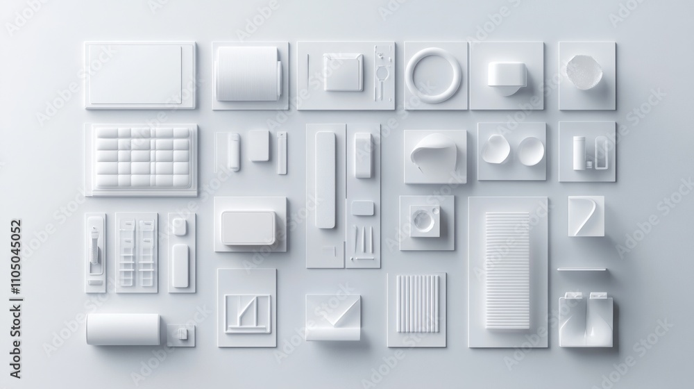 Poster white geometric shapes arranged in a grid pattern