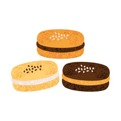 Delicious macaroons dessert. French sweet macarons pastry, chocolate cream filled meringue cookies assortment. Cartoon gourmet bakery snack. Vector illustration