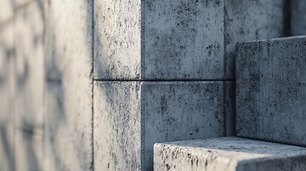 22.Detailed view of a concrete block wall corner, with each block perfectly aligned, the rough, industrial surface of the gray blocks contrasting with the clean, crisp edge where the two walls