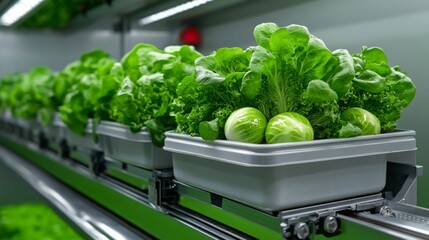 Fresh green lettuce and vegetables growing in a modern hydroponic system at an indoor farm
