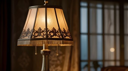 Photorealistic close-up photo of an ornate vintage lamp with a richly detailed base and a softly glowing lampshade. The lamp&rsquo;s base, crafted from polished brass or antique bronze.