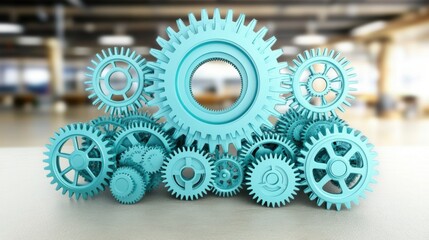 Large interconnected network of gears symbolizing corporate competition, with one oversized gear dominating the scene, representing antitrust concerns. Central gear with copy space for text.