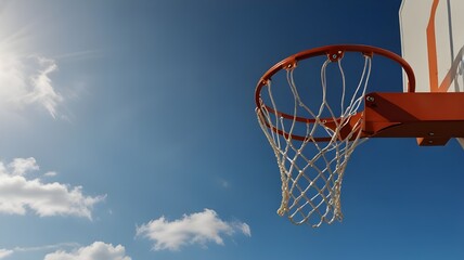 Photorealistic close-up photo of a classic basketball hoop set against a clear blue sky.