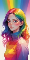 Obraz premium A young woman with vibrant rainbow-colored hair stands against a backdrop of radiating colors. Her expression is serene, and she wears a bright, multicolored outfit that complements her hair.