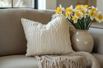 Cozy seating area featuring a soft sofa, a decorative throw, a cushion, and a vase full of vibrant daffodils