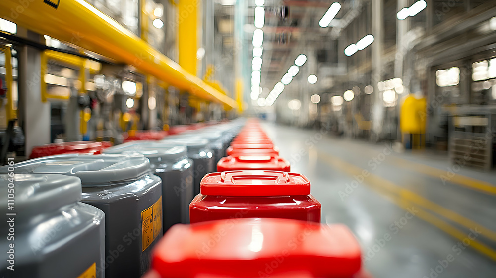 Poster industrial factory conveyor line with red and gray containers, production process in motion, manufac