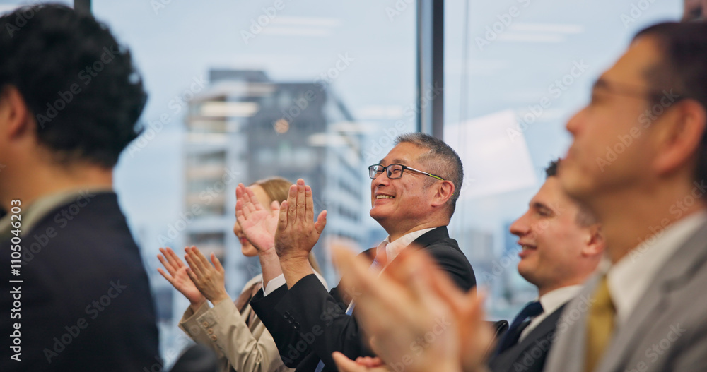 Poster applause, audience and conference with business people in office for success or support. education, 