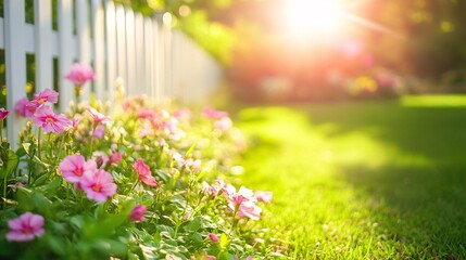 8.Close-up of a white vinyl fence on a perfectly manicured lawn, the smooth texture of the fence glowing in the sunlight, with hints of vibrant garden foliage and colorful flowers creating a peaceful