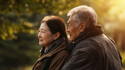 Fototapeta premium Happy Senior Couple in Autumn Park Golden Hour