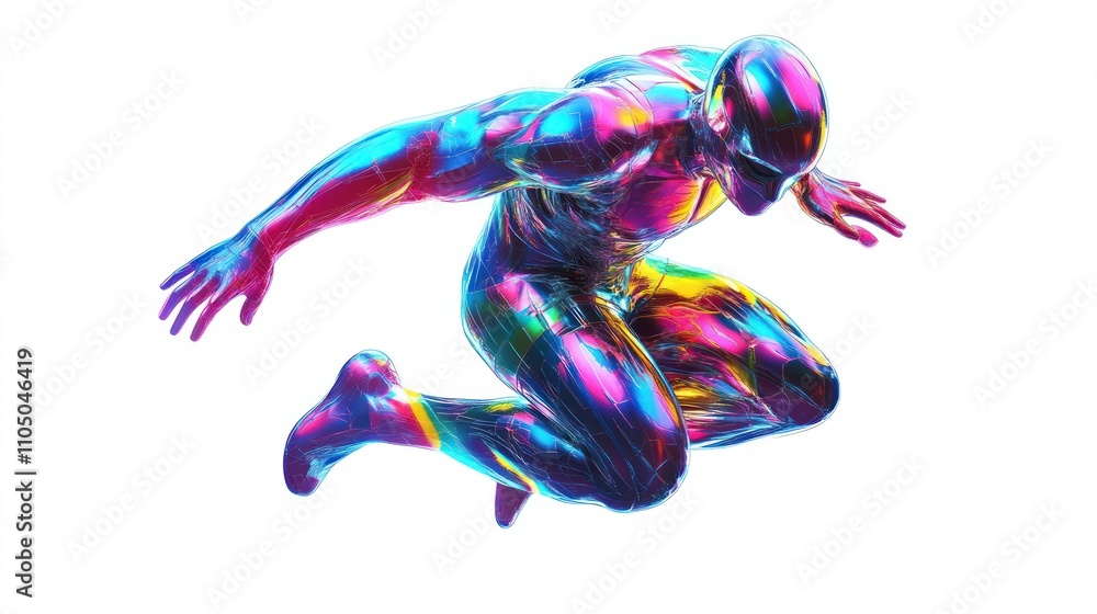 Poster Rainbow Chrome Figure Leaps Dynamically Through Space