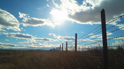 56.A barbed wire fence stretching across the frame, silhouetted against a bright blue sky dotted with fluffy white clouds, the sharp metal points glinting in the sunlight as the fence extends into