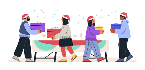People exchanging gifts at festive party celebration with Santa hats colorful presents confetti and drinks on table holiday theme vibrant design