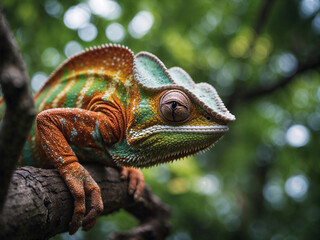 Obraz premium A colorful chameleon among the green trees.
