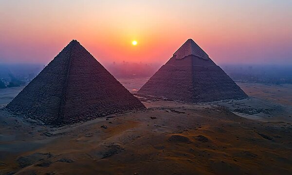 Sunset over the Great Pyramids of Giza, showcasing ancient architecture.